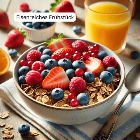 Eisenreiches Frühstück Haferflocken, Blaubeeren, Erdbeeren, Himbeeren, Orangensaft
