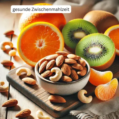 Gesunde eisenreiche Zwischenmahlzeit Kiwi Orange Nüsse Cashew, Mandeln