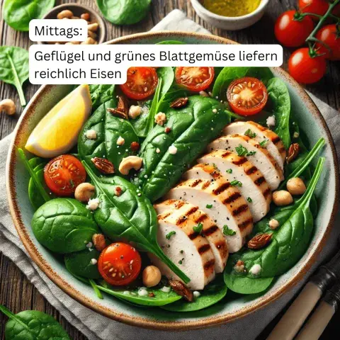 Geflügel und grünes Blattgemüse liefern reichlich Eisen, Hähnchenbrust, Spinat, Tomaten, Zitrone