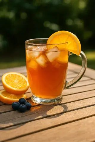 Eistee auf Holztisch, Orangen