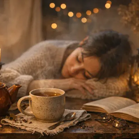 Tasse Tee im Steingutbecher auf Leintuch, aufgeschlagenes Buch, löffel, eine Frau ist am Tisch eingeschlafen