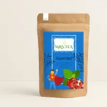 Superdad Kräutertee Minze Granatapfel Bockshornklee Superheld auf blauem Grund, Granatapfel, Tee Standbodenbeutel