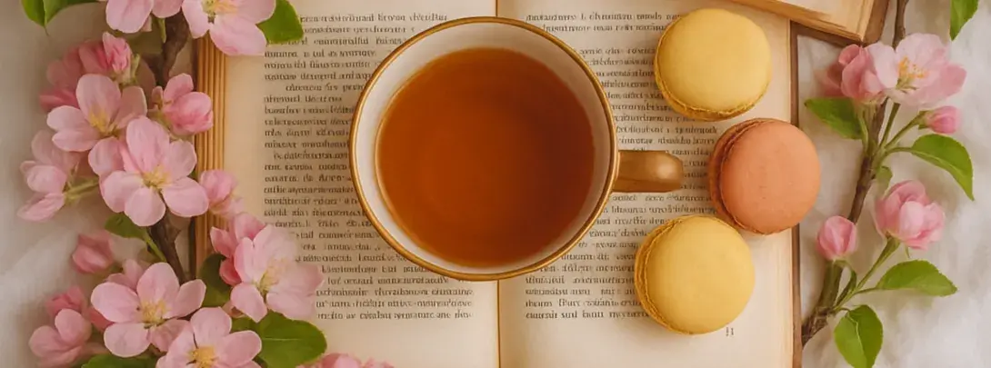 Teetasse auf aufgeschlagenem Buch, umgeben von Blüten, Lesezeichen und weichem Licht – ein stiller, inspirierender Lesemoment mit Tee.