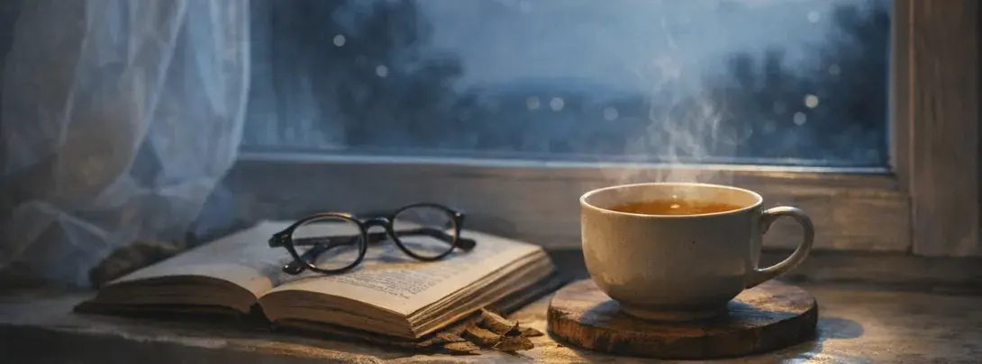 Tasse Tee und Buch am Fenster nachts